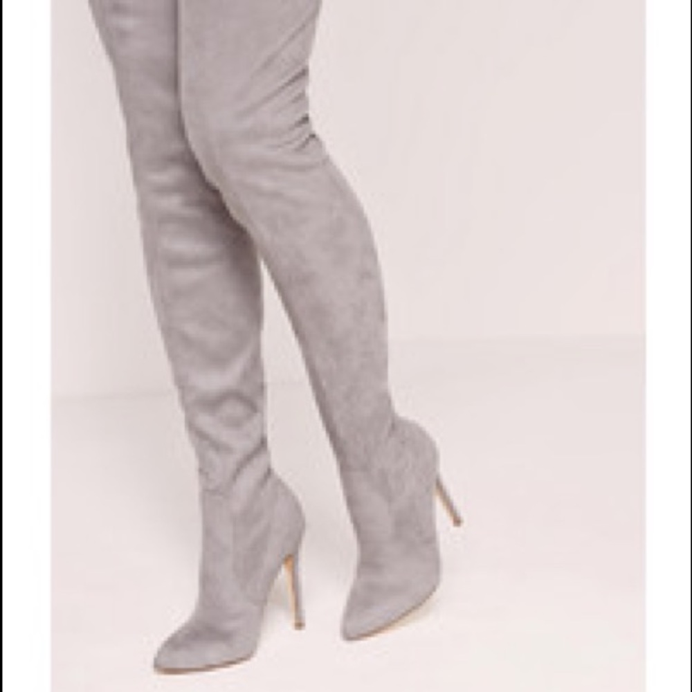 Missguided Pointed Toe Over The Knee Heeled Boots Grey